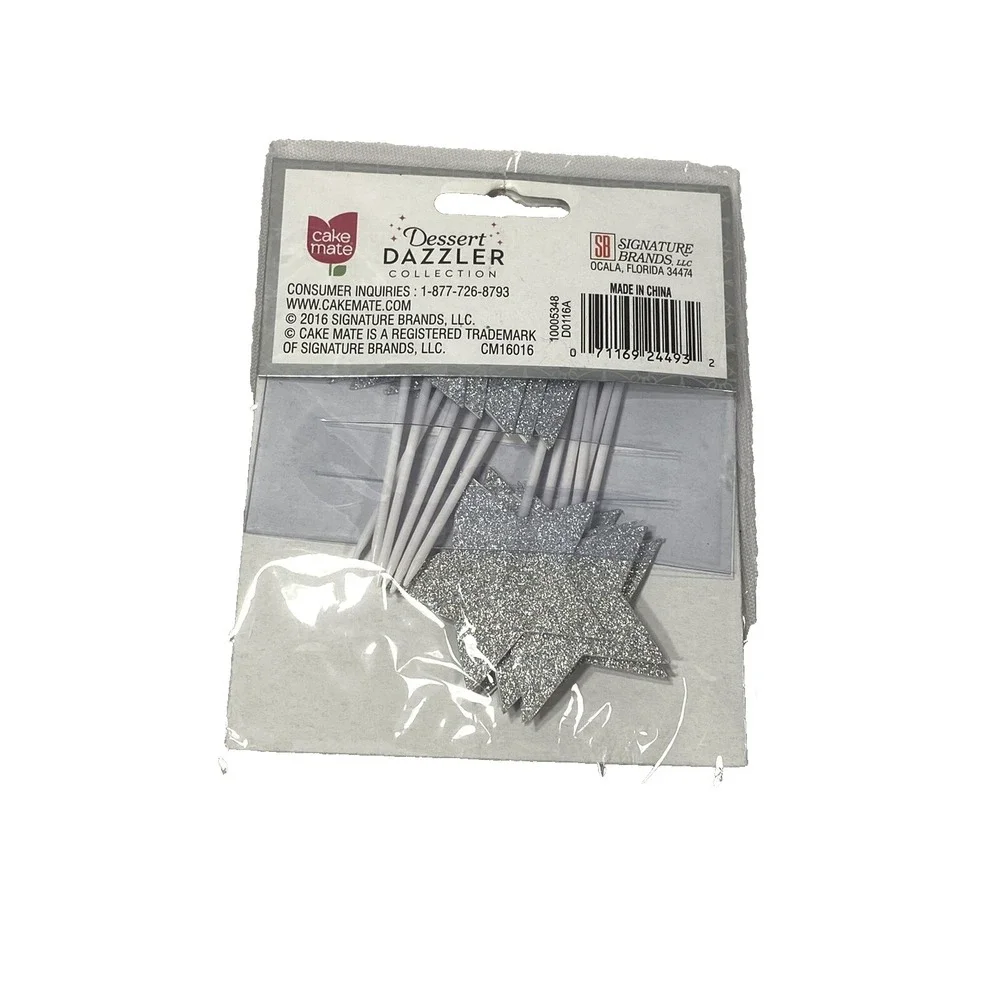 cake mate dessert dazzler collection 12 CT silver glitter stars cupcake toppers
